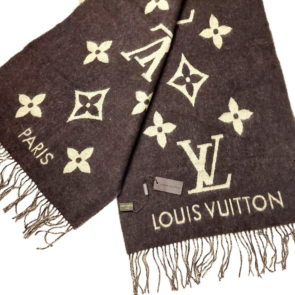 SOLD OUT LOUIS VUITTON Reykjavik Dark Brown & Tan Reversible Scarf Shawl VWT - Picture 6 of 14